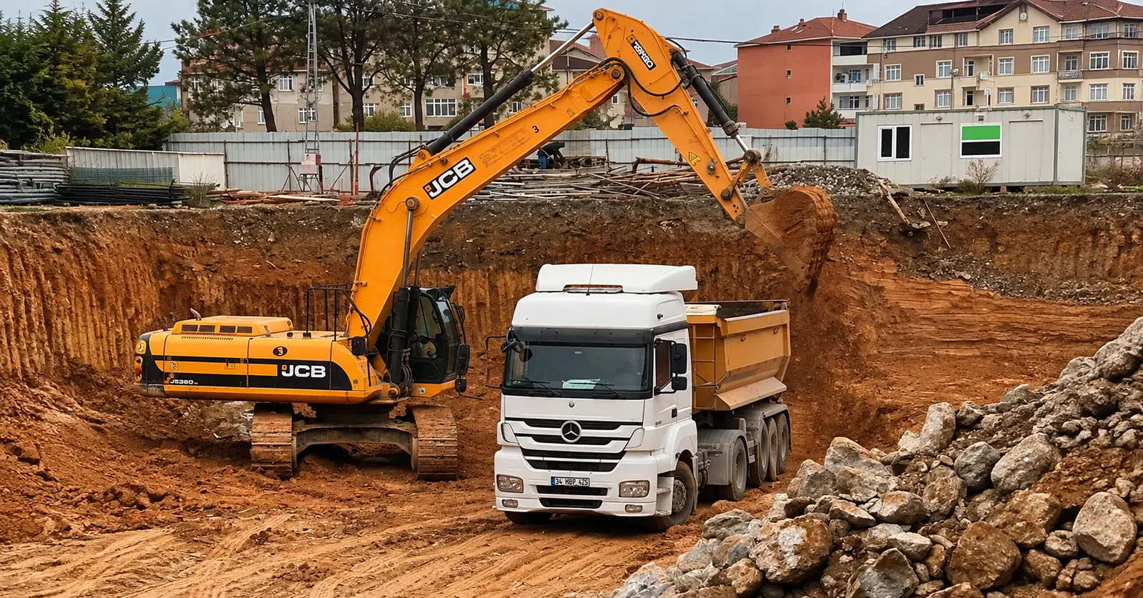 Tıra yükleme yapan JCB ekskavatör